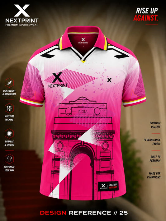 NextPrint India Heritage polo cricket jersey featuring a pink and white design with India Gate artwork and premium dry-fit performance fabric.
