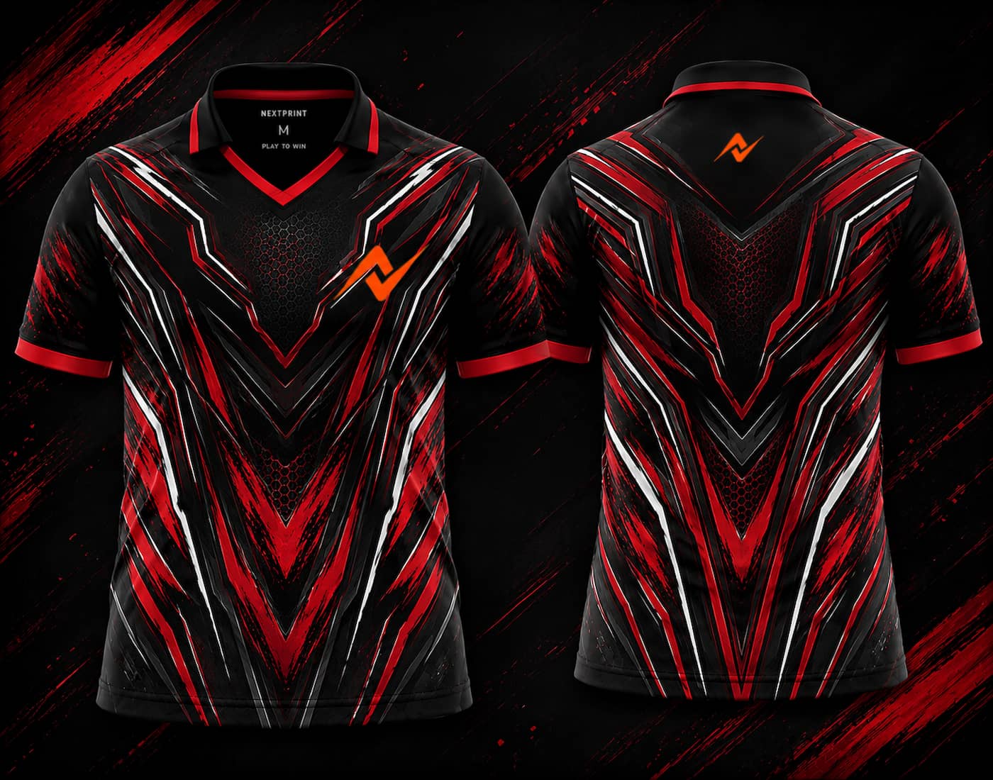Front and back view of the NextPrint Infernal Fury esports jersey featuring black, red, silver, and graphite futuristic graphics with orange logo placement on the chest and upper back below the collar.