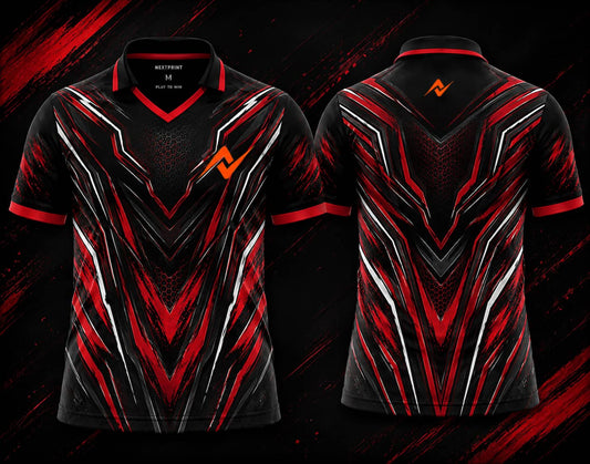 Front and back view of the NextPrint Infernal Fury esports jersey featuring black, red, silver, and graphite futuristic graphics with orange logo placement on the chest and upper back below the collar.