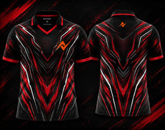Front and back view of the NextPrint Infernal Fury esports jersey featuring black, red, silver, and graphite futuristic graphics with orange logo placement on the chest and upper back below the collar.