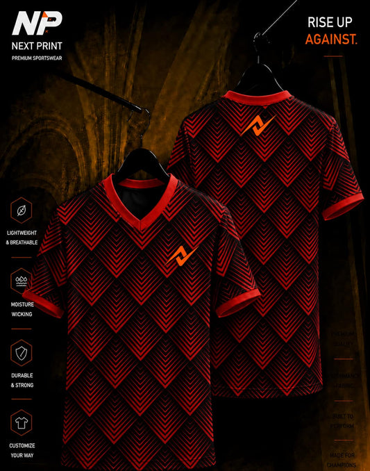 NextPrint Inferno Chevron red and black custom sublimation esports jersey front and back mockup.