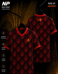 NextPrint Inferno Chevron red and black custom sublimation esports jersey front and back mockup.