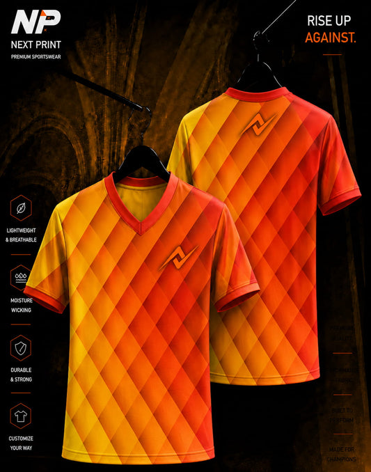 NextPrint Inferno Diamond Gradient custom sublimation esports jersey featuring a yellow to red geometric pattern with front and back views.