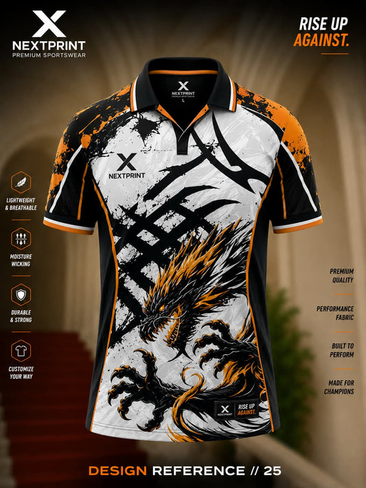 NextPrint Inferno Dragon black and orange polo sports jersey featuring an aggressive dragon graphic with premium dry-fit performance fabric.