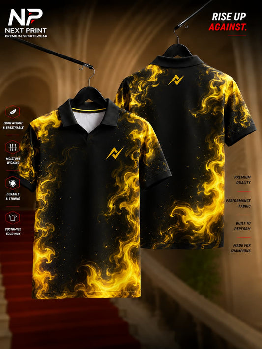 Black and gold flame-inspired dry-fit polo sports jersey featuring a modern performance design with front and back views by NextPrint.
