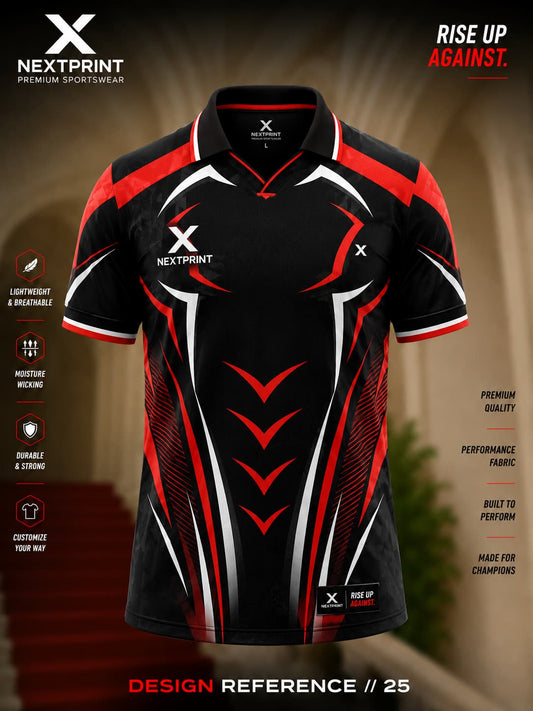 NextPrint Inferno Strike black red and white polo cricket jersey with modern geometric sports design and premium dry-fit fabric.