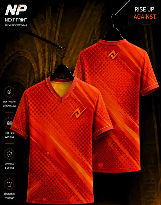 Red and orange halftone V-neck sublimation sports jersey with diagonal stripe design by Next Print, front and back mockup.