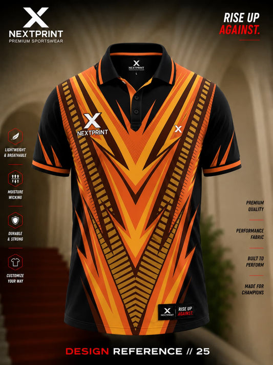 NextPrint Inferno Vortex black and orange polo cricket jersey featuring bold V-shaped flame graphics and premium dry-fit performance fabric.