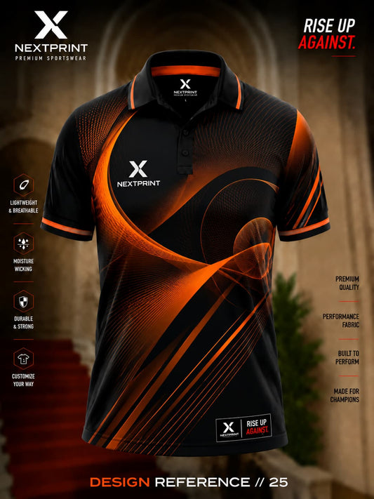 NextPrint Inferno Wave black and orange polo cricket jersey with abstract flowing line graphics and premium sportswear design.