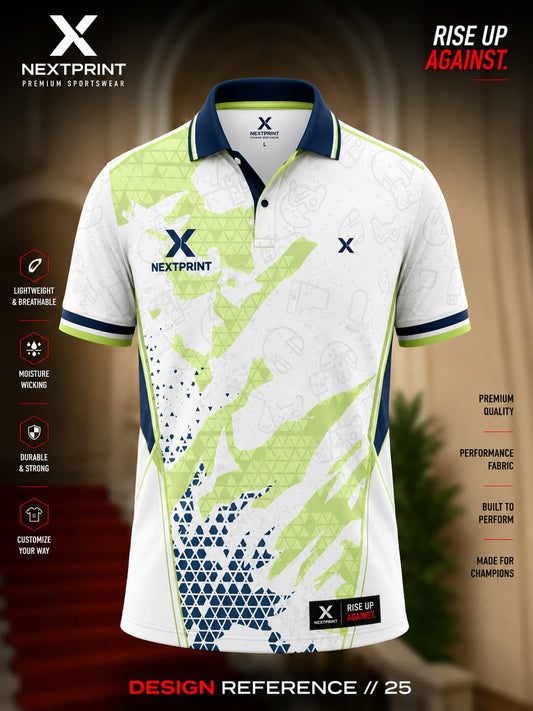 NextPrint Lime Fusion white polo sports jersey featuring lime green brushstroke graphics, navy geometric accents, and premium dry-fit performance fabric.