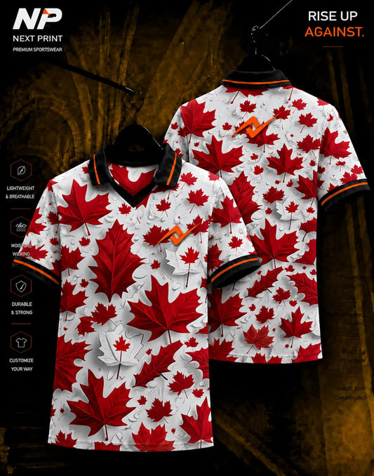 NextPrint premium red maple leaf custom sublimation polo jersey front and back mockup with orange logo