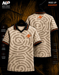 Front and back view of NextPrint Maze Pattern sand beige premium sublimation polo sports jersey featuring modern geometric circular maze graphics.
