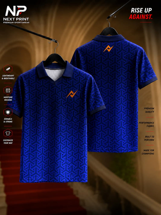 NextPrint Midnight Matrix royal blue geometric polo collar V-neck cricket jersey with premium dry-fit performance fabric.
