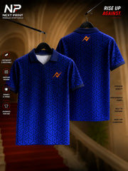 NextPrint Midnight Matrix royal blue geometric polo collar V-neck cricket jersey with premium dry-fit performance fabric.