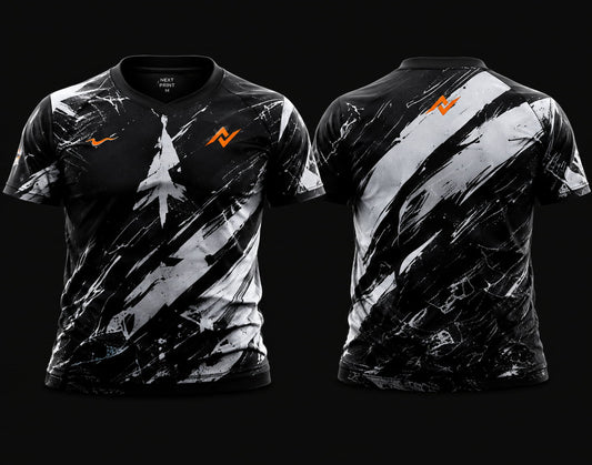 Front and back view of NextPrint Monochrome Fury black and white esports jersey for Free Fire and BGMI teams.