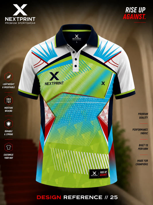 NextPrint Neo Spectrum polo cricket jersey featuring a white upper body with lime green and sky blue geometric graphics and premium polo collar.
