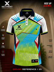 NextPrint Neo Spectrum polo cricket jersey featuring a white upper body with lime green and sky blue geometric graphics and premium polo collar.