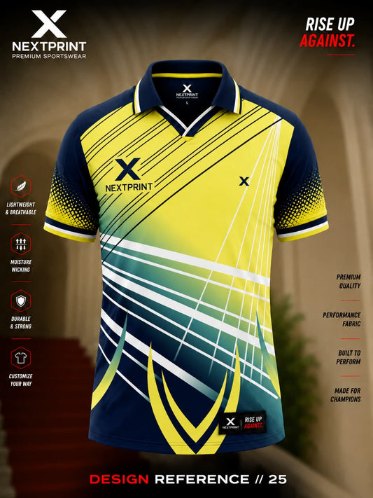 Premium neon yellow and navy blue polo cricket jersey featuring dynamic diagonal graphics and moisture-wicking dry-fit fabric.