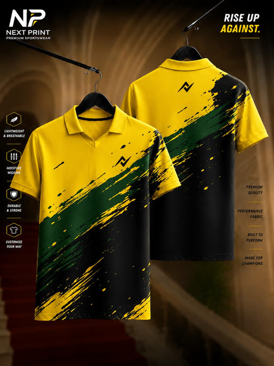 Yellow and black dry-fit polo sports jersey featuring bold abstract brushstroke graphics with front and back views by NextPrint.