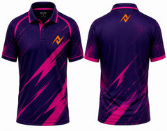 Front and back view of the NextPrint Neon Fury purple and pink cricket jersey featuring a premium polo collar, sublimation graphics, and NextPrint logo on the chest and back neck.