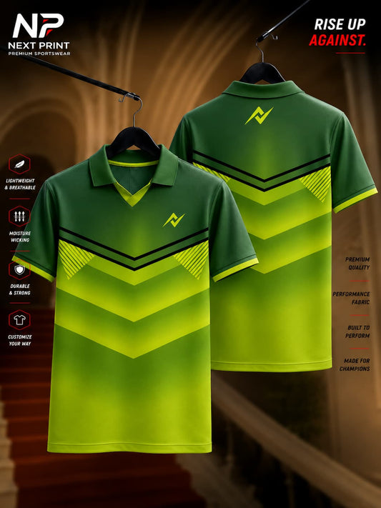 NextPrint Neon Strike Chevron green polo sports jersey featuring a neon green and black chevron design with front and back views on premium dry-fit fabric.