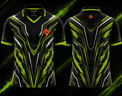 Front and back view of the NextPrint Neon Venom esports jersey featuring black, neon green, and silver futuristic graphics with orange logo placement on the chest and upper back below the collar.