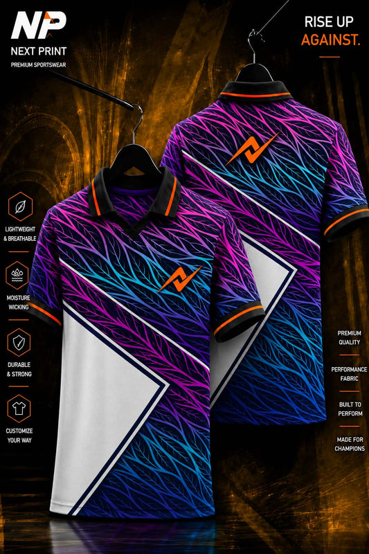 Next Print Neon Wave premium sublimation polo jersey front and back mockup featuring purple, blue and pink abstract wave pattern with orange logo