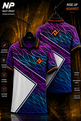 Next Print Neon Wave premium sublimation polo jersey front and back mockup featuring purple, blue and pink abstract wave pattern with orange logo