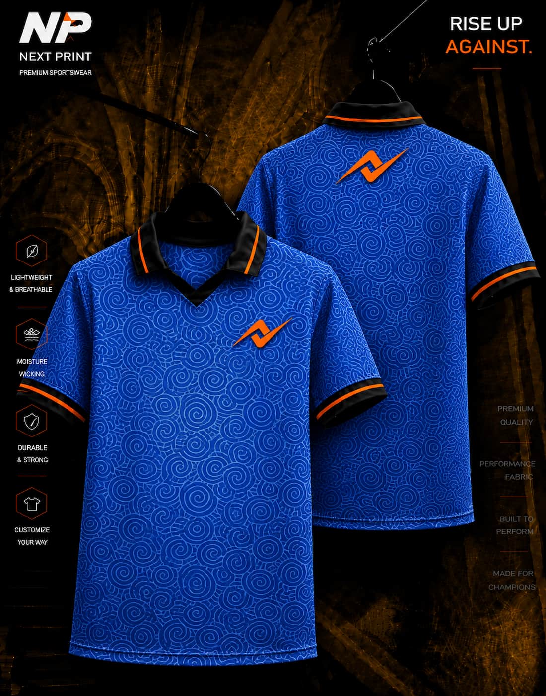 Front and back view of NextPrint Ocean Spiral royal blue premium sublimation polo sports jersey featuring all-over spiral pattern graphics.