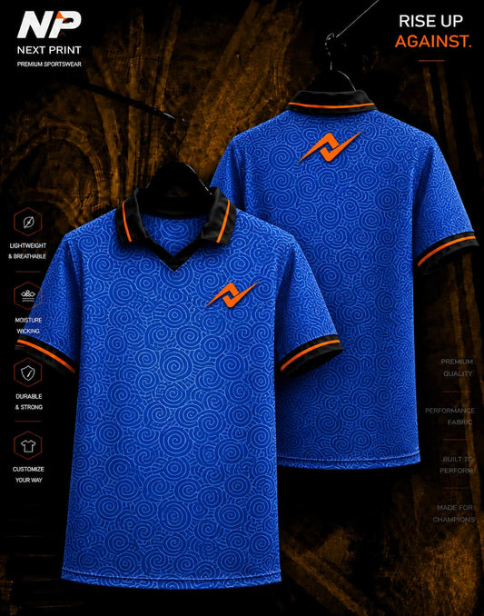 Front and back view of NextPrint Ocean Spiral royal blue premium sublimation polo sports jersey featuring all-over spiral pattern graphics.