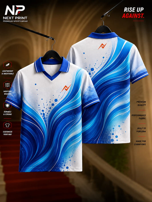 NextPrint Ocean Surge blue and white abstract wave polo collar V-neck cricket jersey made with premium dry-fit performance fabric.