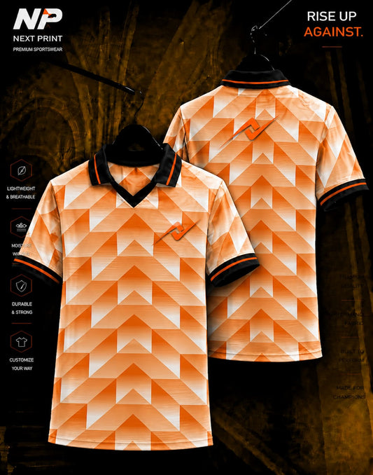 Next Print orange chevron performance polo jersey with premium sublimation print shown in front and back views.