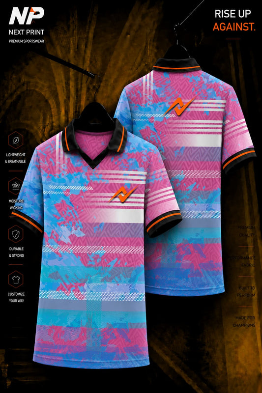 Next Print pastel fusion pink and blue premium sublimation polo sports jersey front and back mockup