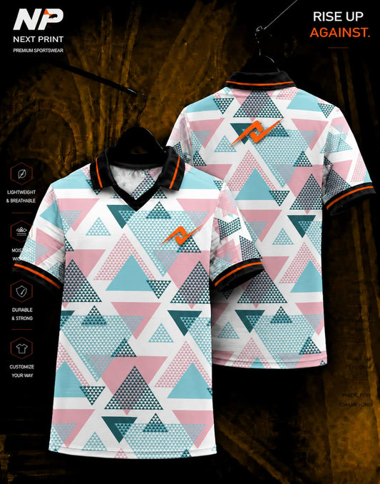 Premium pastel triangle geometric sublimation polo jersey front and back mockup with custom Next Print sportswear branding.