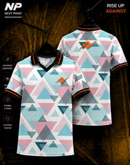 Premium pastel triangle geometric sublimation polo jersey front and back mockup with custom Next Print sportswear branding.