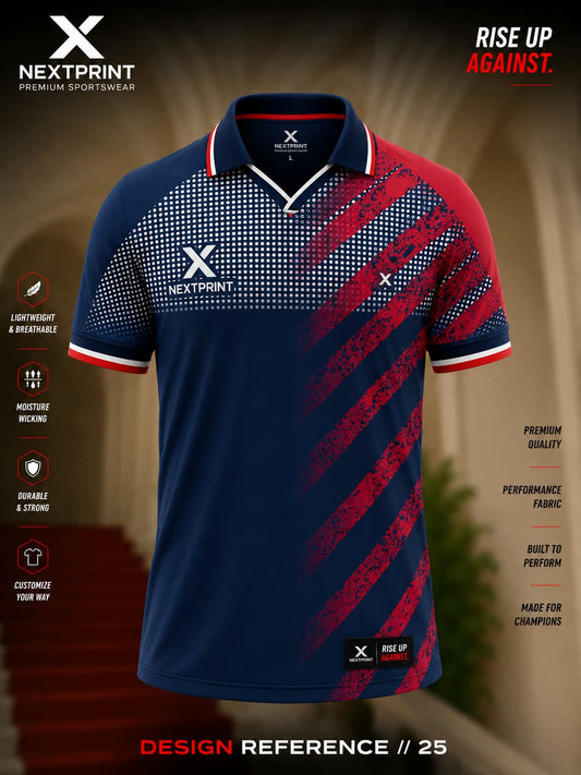 NextPrint Patriot Strike polo cricket jersey featuring navy blue, crimson red diagonal graphics, halftone pattern, and premium dry-fit performance fabric.