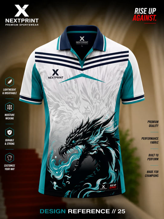 NextPrint Phantom Dragon polo jersey featuring a white, teal, navy, and black dragon graphic with premium dry-fit performance fabric.