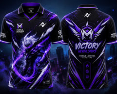 Front and back view of the NextPrint Phantom Eclipse Mobile Legends jersey featuring black, purple, and silver esports graphics with futuristic warrior artwork and championship-inspired design elements.