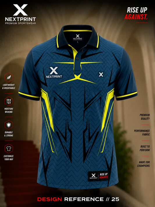 NextPrint Phantom Edge navy blue polo cricket jersey with neon yellow angular graphics and premium dry-fit performance fabric.