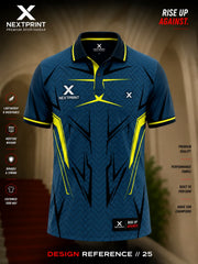 NextPrint Phantom Edge navy blue polo cricket jersey with neon yellow angular graphics and premium dry-fit performance fabric.