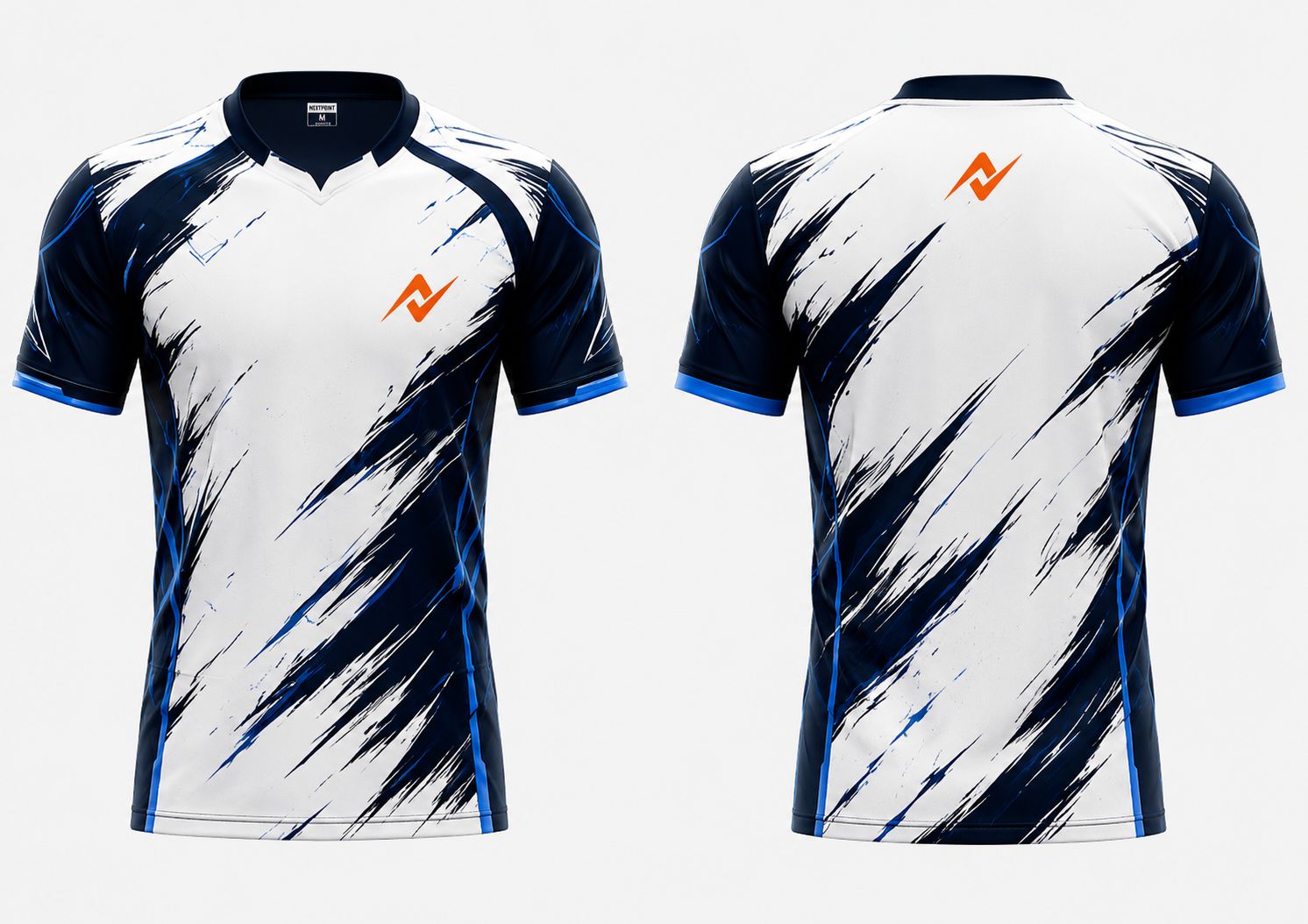 Front and back view of NextPrint Phantom Strike white and navy blue esports jersey featuring orange logo on chest and upper back neck area.