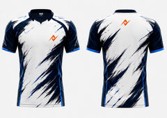 Front and back view of NextPrint Phantom Strike white and navy blue esports jersey featuring orange logo on chest and upper back neck area.