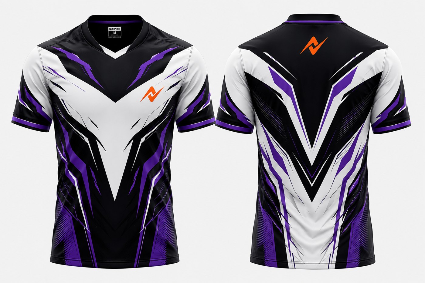 Front and back view of the NextPrint Phantom Vortex black, white, and purple esports jersey featuring the orange NextPrint logo on the chest and upper back neck area.