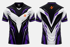 Front and back view of the NextPrint Phantom Vortex black, white, and purple esports jersey featuring the orange NextPrint logo on the chest and upper back neck area.
