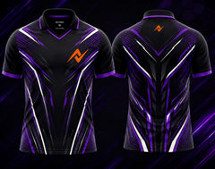 Front and back view of the NextPrint Phantom Vortex esports jersey featuring black, purple, and silver futuristic graphics with orange logo placement on the chest and upper back below the collar.
