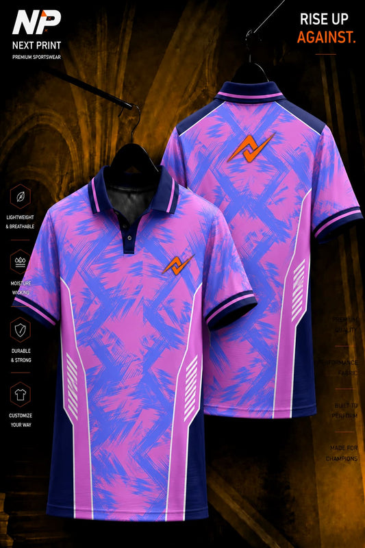 Pink and blue abstract custom sublimation sports polo jersey with NextPrint logo displayed in front and back views.