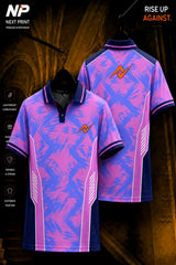 Pink and blue abstract custom sublimation sports polo jersey with NextPrint logo displayed in front and back views.