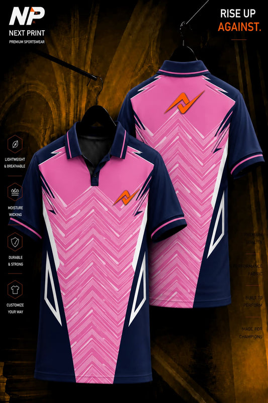 Pink chevron custom sublimation sports polo jersey with navy sleeves and NextPrint logo shown in front and back view.