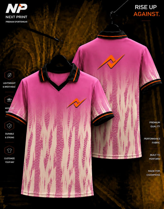Next Print pink gradient performance polo jersey with abstract textured sublimation design shown in front and back view