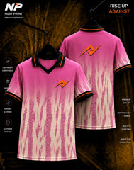Next Print pink gradient performance polo jersey with abstract textured sublimation design shown in front and back view
